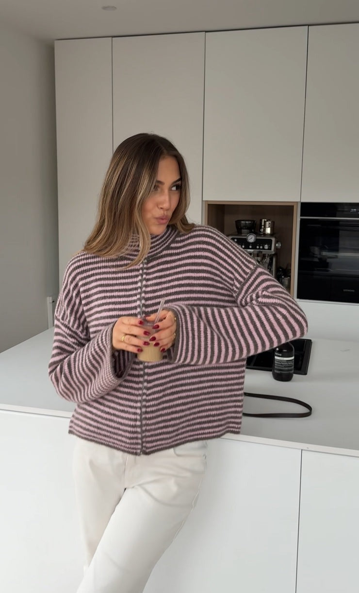 Jersey berry de punto a rayas con cremallera