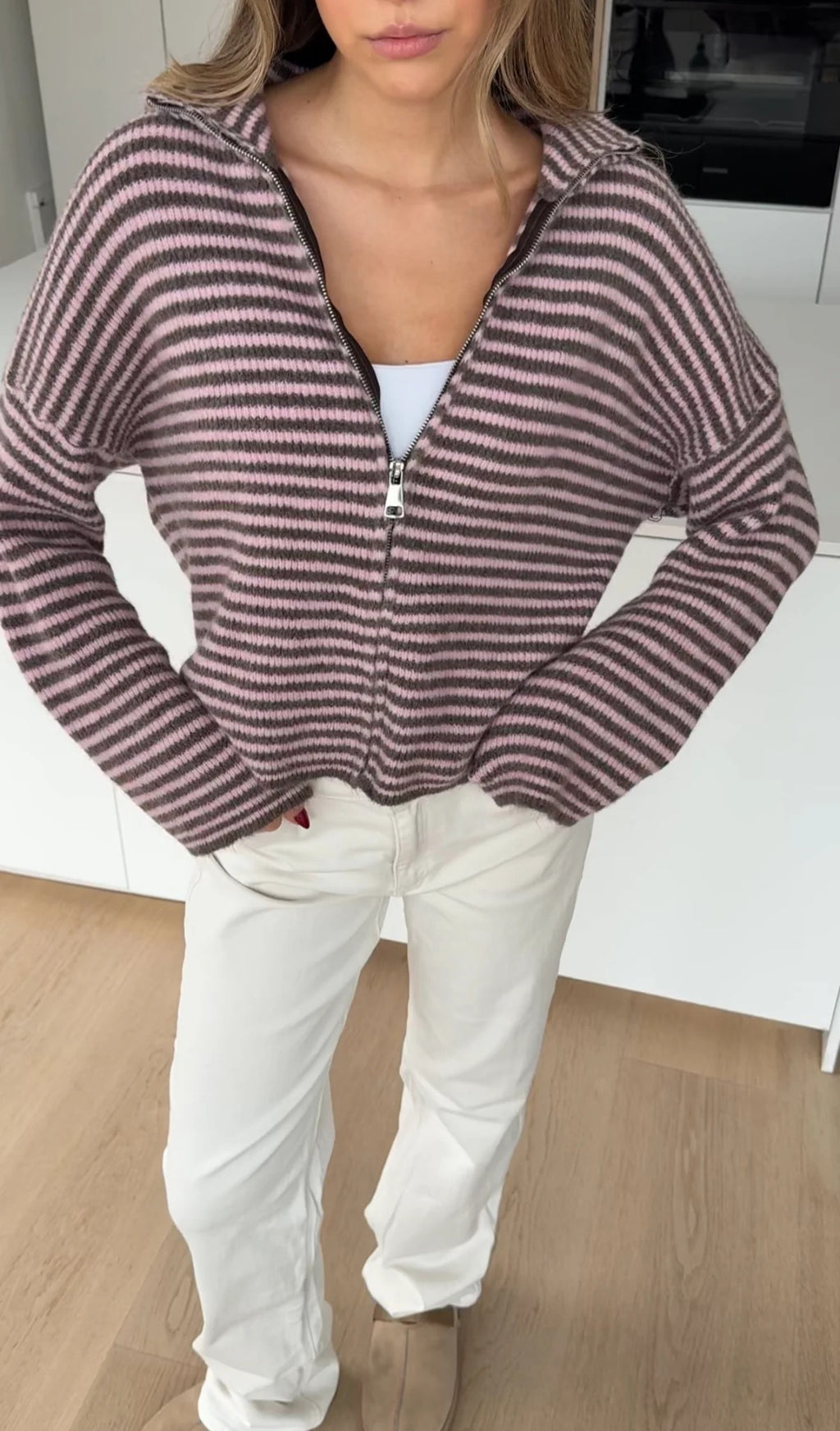 Jersey berry de punto a rayas con cremallera