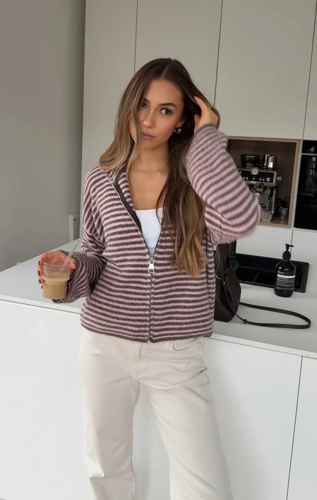 Jersey berry de punto a rayas con cremallera